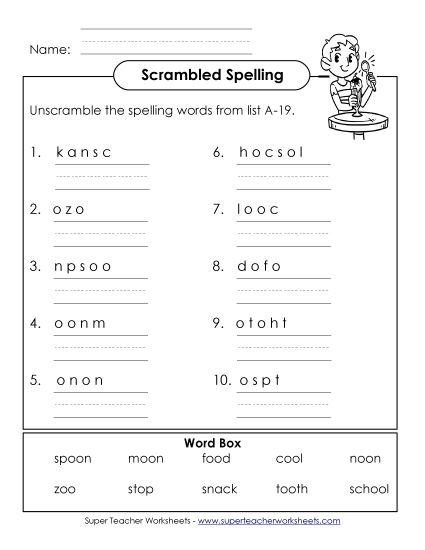 Worksheets - Unscramble (A-19) (Printable PDF Worksheet)