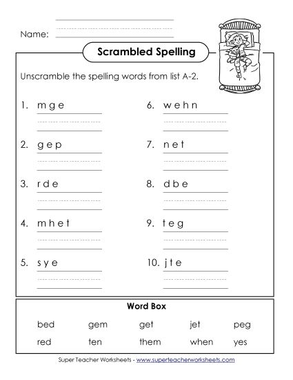 Worksheets - Unscramble (A-2) (Printable PDF Worksheet)