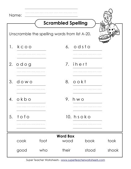 Worksheets - Unscramble (A-20) (Printable PDF Worksheet)