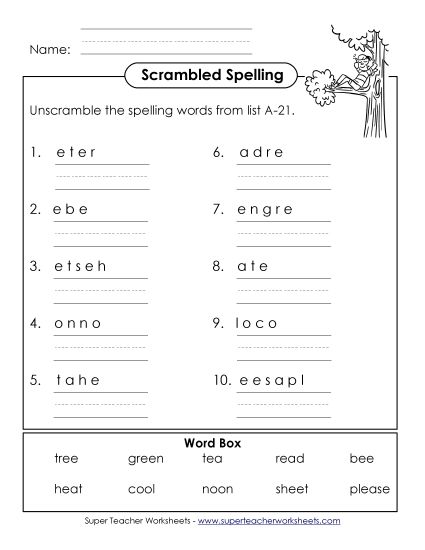 Worksheets - Unscramble (A-21) (Printable PDF Worksheet)