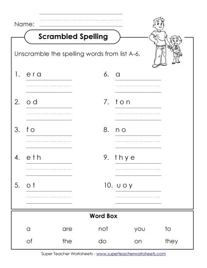 Worksheets - Unscramble (A-6) (Printable PDF Worksheet)