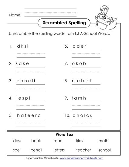 Worksheets and Activities - Unscramble (A-School Words)  (Printable PDF Worksheet)