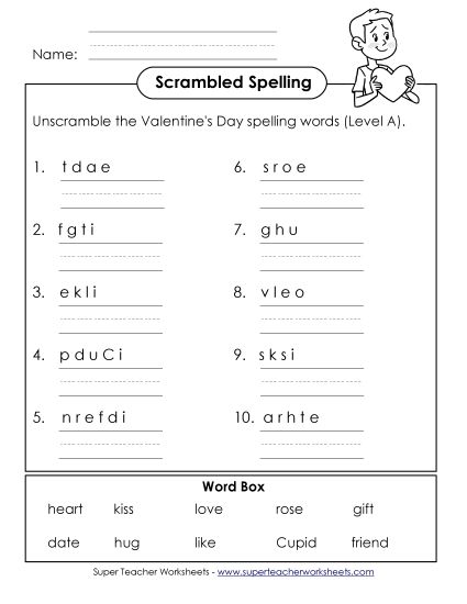 Worksheets and Activities - Unscramble (A-Valentine's Day)  (Printable PDF Worksheet)