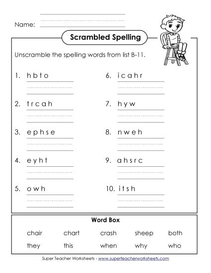 Worksheets - Unscramble (B-11) (Printable PDF Worksheet)