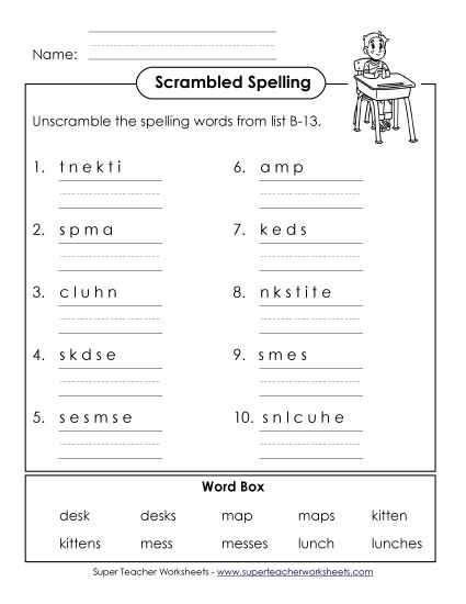 Worksheets - Unscramble (B-13) (Printable PDF Worksheet)