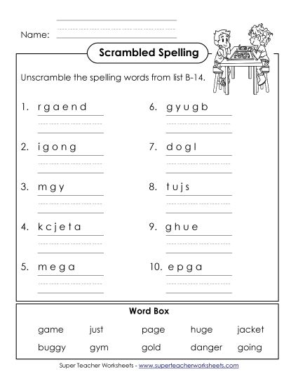Worksheets - Unscramble (B-14) (Printable PDF Worksheet)