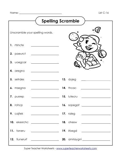 Worksheets - Unscramble (C-16) (Printable PDF Worksheet)
