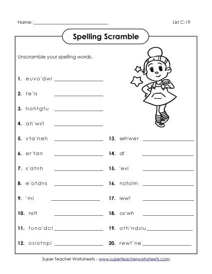 Worksheets - Unscramble (C-19) (Printable PDF Worksheet)