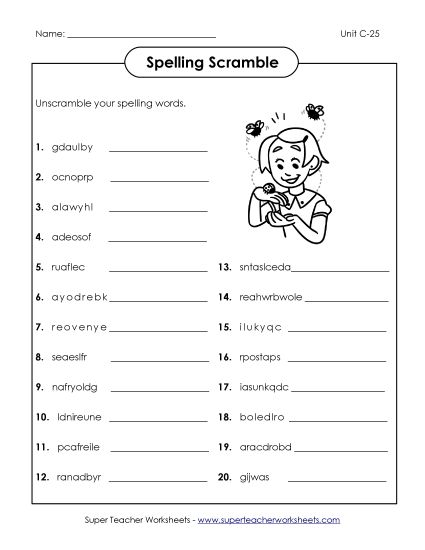 Worksheets - Unscramble (C-25) (Printable PDF Worksheet)