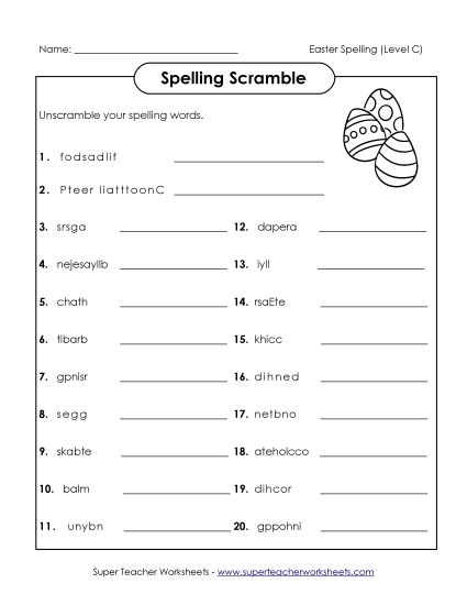 Worksheets - Unscramble (C-Easter)  (Printable PDF Worksheet)