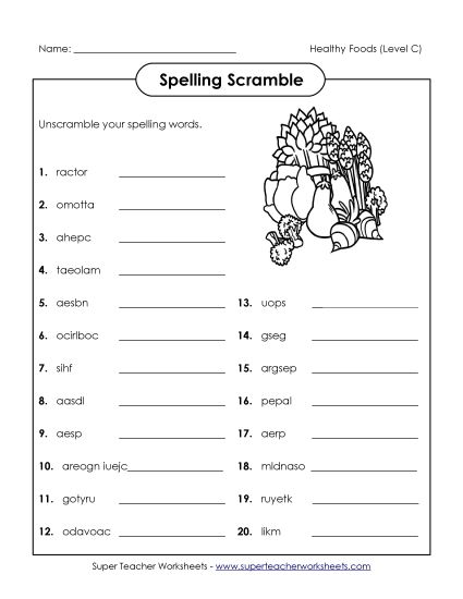 Worksheets and Activities - Unscramble (C-Healthy Foods)  (Printable PDF Worksheet)