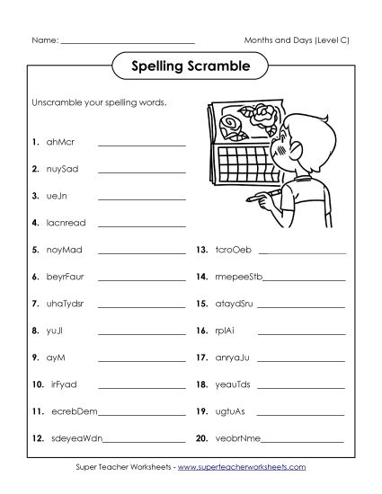 Worksheets and Activities - Unscramble (C-Months and Days)  (Printable PDF Worksheet)