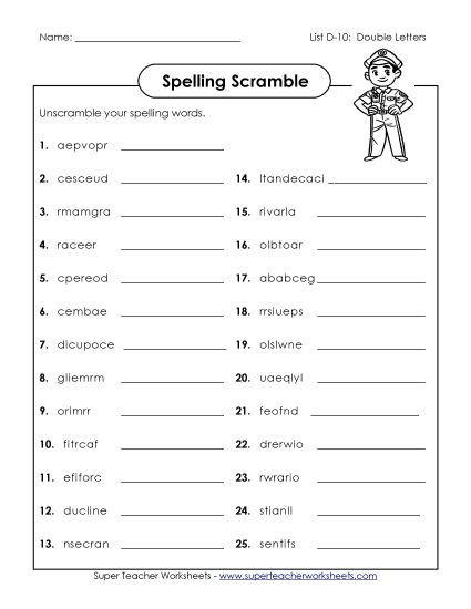 Worksheets - Unscramble (D-10) (Printable PDF Worksheet)