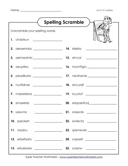 Worksheets - Unscramble (D-19) (Printable PDF Worksheet)