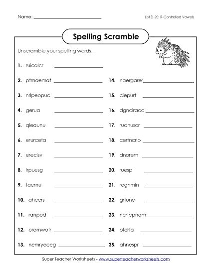 Worksheets - Unscramble (D-20) (Printable PDF Worksheet)