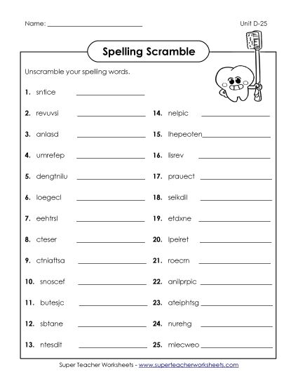 Worksheets - Unscramble (D-25) (Printable PDF Worksheet)