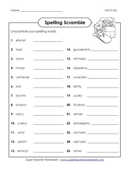 Worksheets - Unscramble (D-26) (Printable PDF Worksheet)