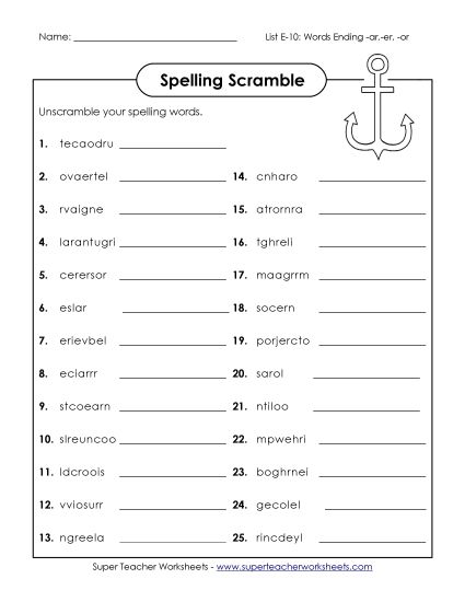 Printable Worksheets - Unscramble (E-10) (Printable PDF Worksheet)
