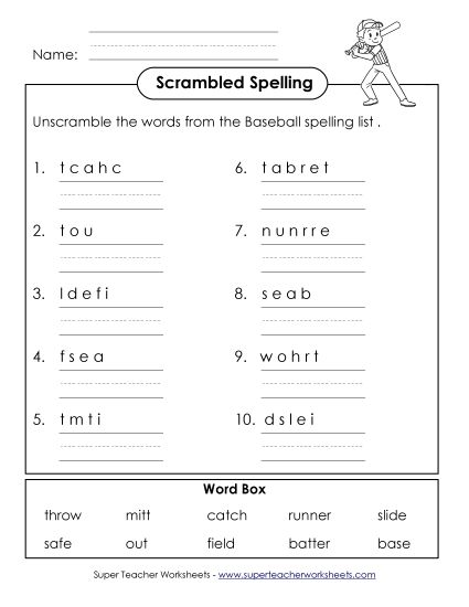 Worksheets and Activities - Unscramble the Spelling Words (B-Baseball)  (Printable PDF Worksheet)