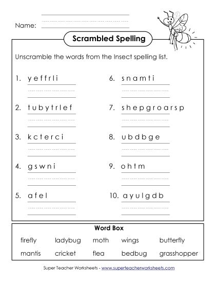 Worksheets and Activities - Unscramble the Spelling Words (B-Insect Words)  (Printable PDF Worksheet)