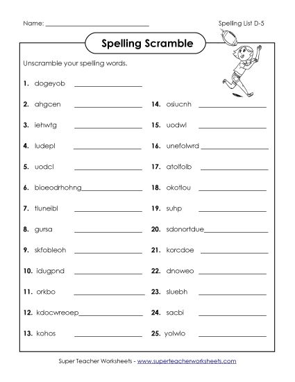 Worksheets - Unscramble the Spelling Words (D-5)  (Printable PDF Worksheet)