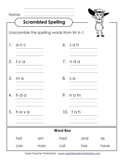 Worksheets - Unscramble the Words (A-1) (Printable PDF Worksheet)