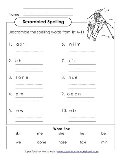 Worksheets - Unscramble the Words (A-11) (Printable PDF Worksheet)