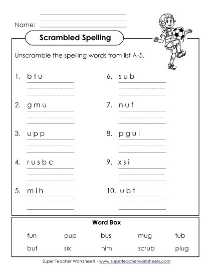 Worksheets - Unscramble the Words (A-5) (Printable PDF Worksheet)