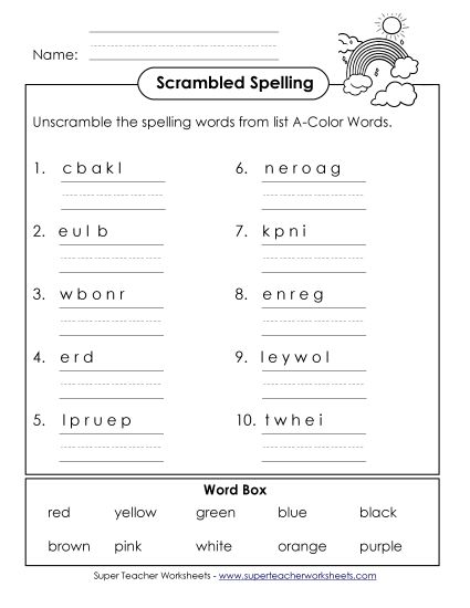Worksheets and Activities  - Unscramble the Words (A-Color Words)  (Printable PDF Worksheet)