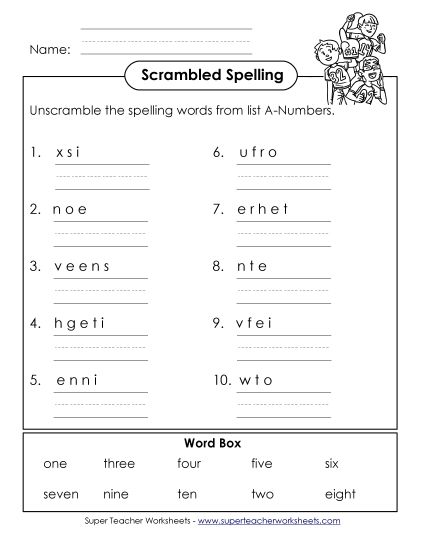 Worksheets and Activities - Unscramble the Words (A-Number Words)  (Printable PDF Worksheet)