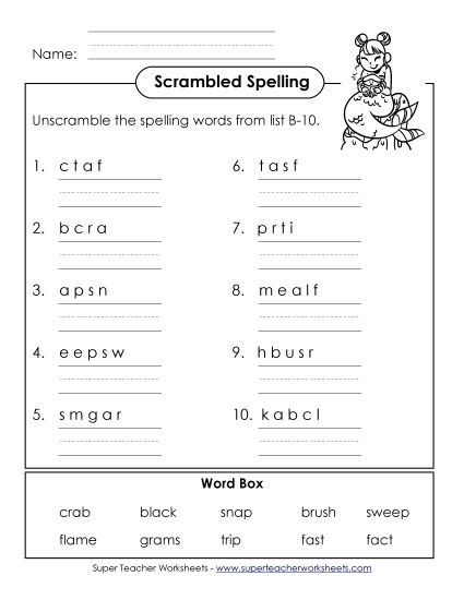 Worksheets - Unscramble the Words (B-10) (Printable PDF Worksheet)