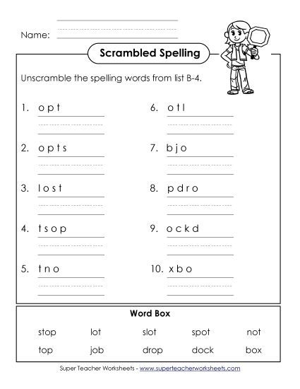 Worksheets - Unscramble the Words (B-4) (Printable PDF Worksheet)