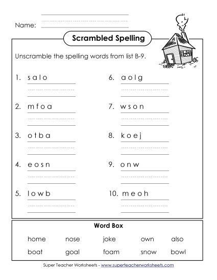 Worksheets - Unscramble the Words (B-9) (Printable PDF Worksheet)