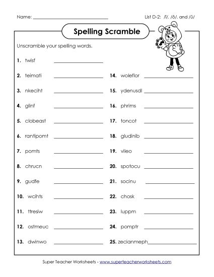 Worksheets - Unscramble the Words (D-2) (Printable PDF Worksheet)
