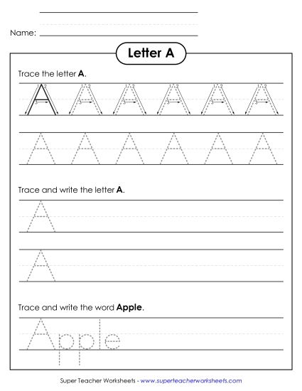 Trace and Print - Uppercase A (Dotted Lines) (Printable PDF Worksheet)