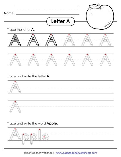 Letter A - Uppercase A  (Outlined Letters) (Printable PDF Worksheet)