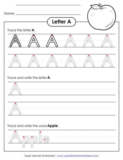Trace and Print - Uppercase A (Practice Outlined Letters) (Printable PDF Worksheet)