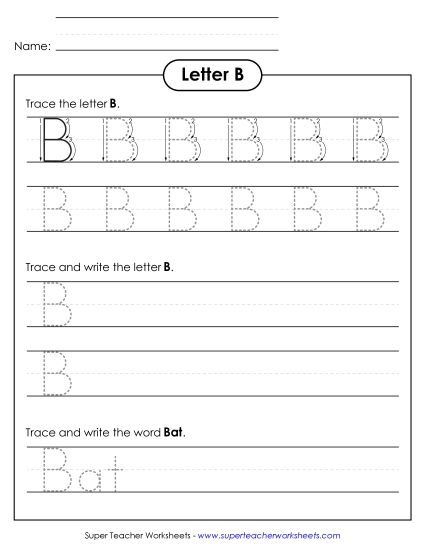 Letter B - Uppercase B (Tracing Dotted Line) (Printable PDF Worksheet)