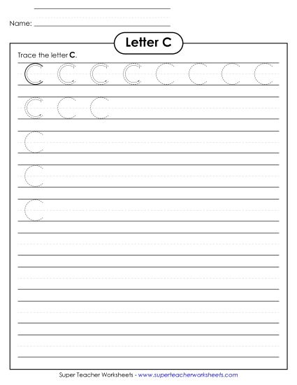 Trace and Print - Uppercase C Printing Practice (Smaller Font Size) (Printable PDF Worksheet)