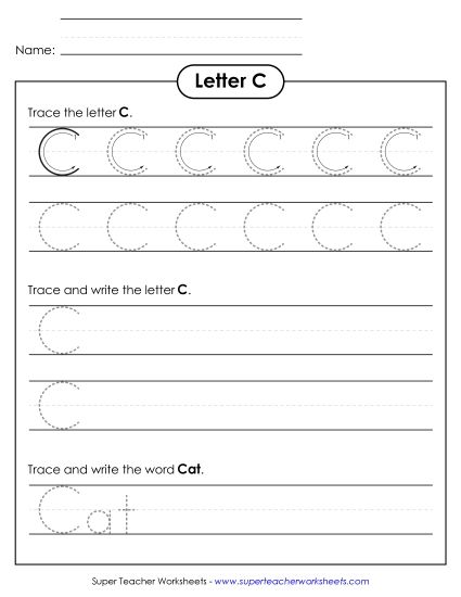 Letter C - Uppercase C (Tracing Dotted Line) (Printable PDF Worksheet)