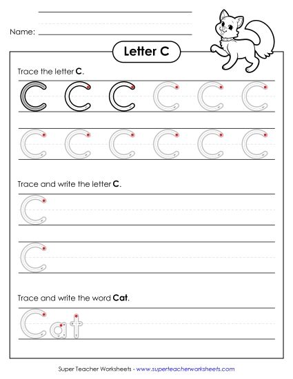 Trace and Print - Uppercase C Writing Practice (Outlined Letters) (Printable PDF Worksheet)