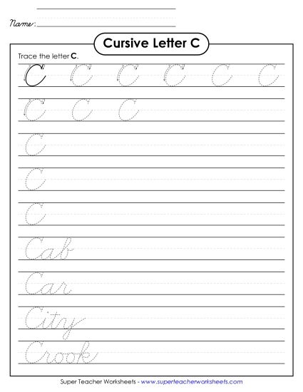 Capital Cursive Letters - Uppercase cursive C (Printable PDF Worksheet)