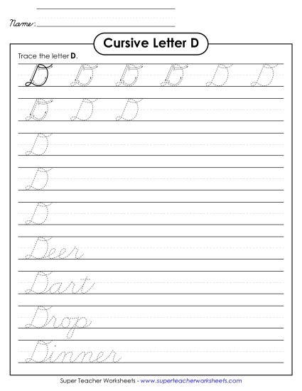Capital Cursive Letters - Uppercase cursive D (Printable PDF Worksheet)