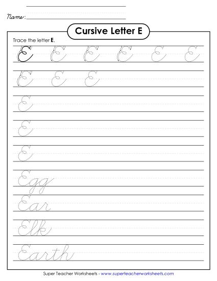 Capital Cursive Letters - Uppercase cursive E (Printable PDF Worksheet)