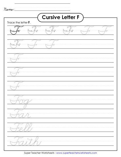 Capital Cursive Letters - Uppercase cursive F (Printable PDF Worksheet)