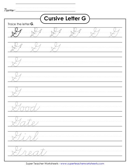 Capital Cursive Letters - Uppercase cursive G (Printable PDF Worksheet)