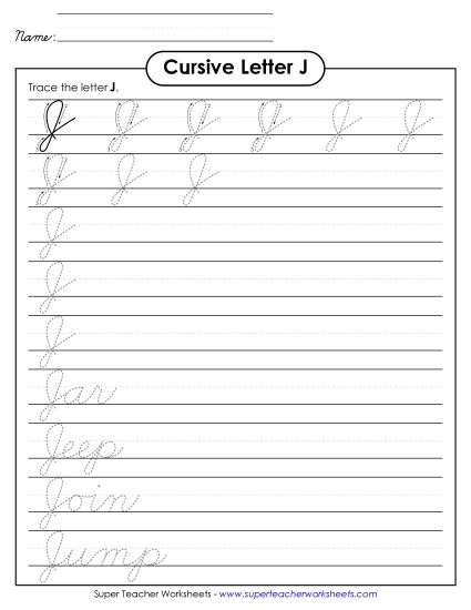 Capital Cursive Letters - Uppercase cursive J (Printable PDF Worksheet)