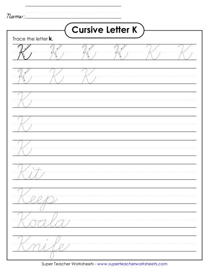 Capital Cursive Letters - Uppercase cursive K (Printable PDF Worksheet)