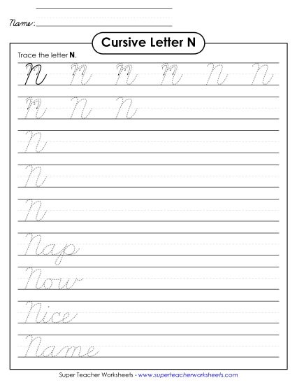 Capital Cursive Letters - Uppercase cursive N (Printable PDF Worksheet)