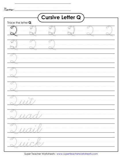 Capital Cursive Letters - Uppercase cursive Q (Printable PDF Worksheet)